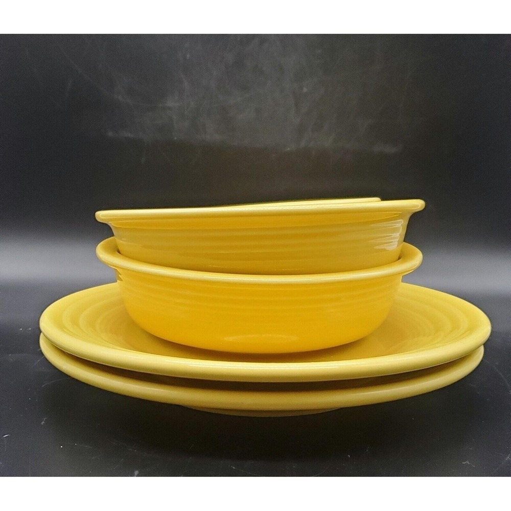 Set Of 2 Vintage Fiestaware Yellow D 9" Plates Soup Bowls Dessert Bowls